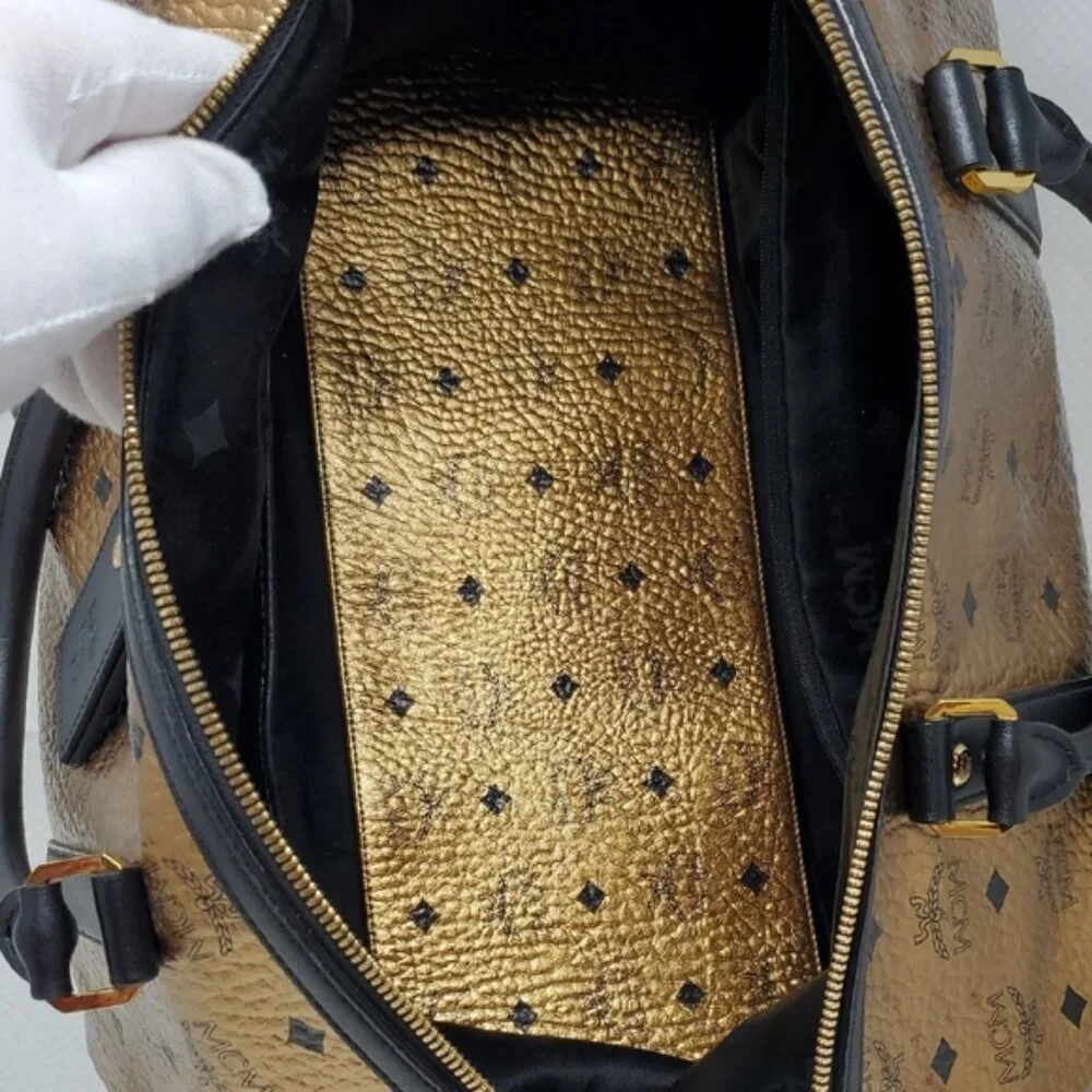 MCM Metallic Gold Weekend Duffle Duffel Coated Travel Bag Handbag